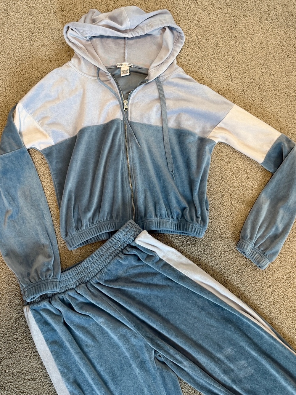 Velour Two-Tone Zip Hoodie & Jogger Set - Light Blue/Blue